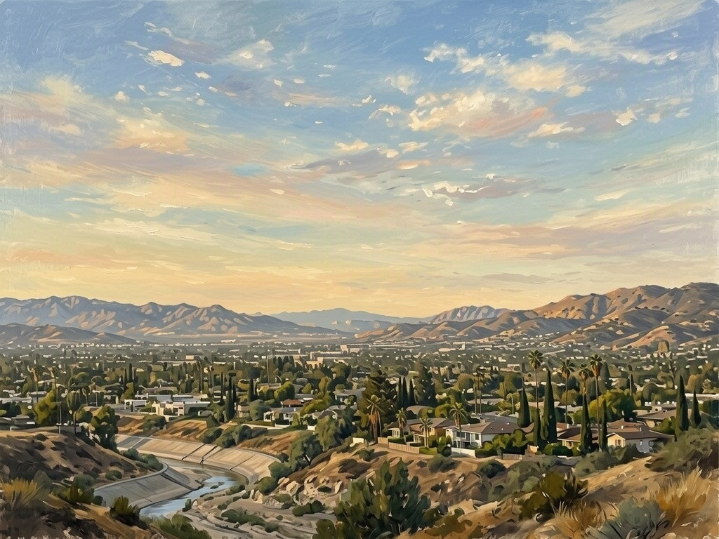 Illustration of the landscape around Canoga Park, not a photo of a listed building
