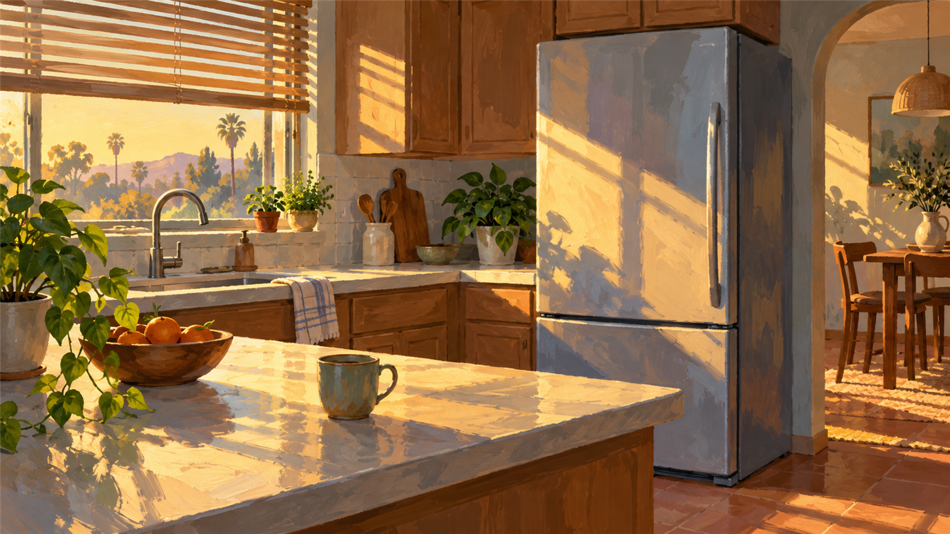 Illustration of late-day Valley light on a Canoga Park kitchen refrigerator, not a photo of a listed shop