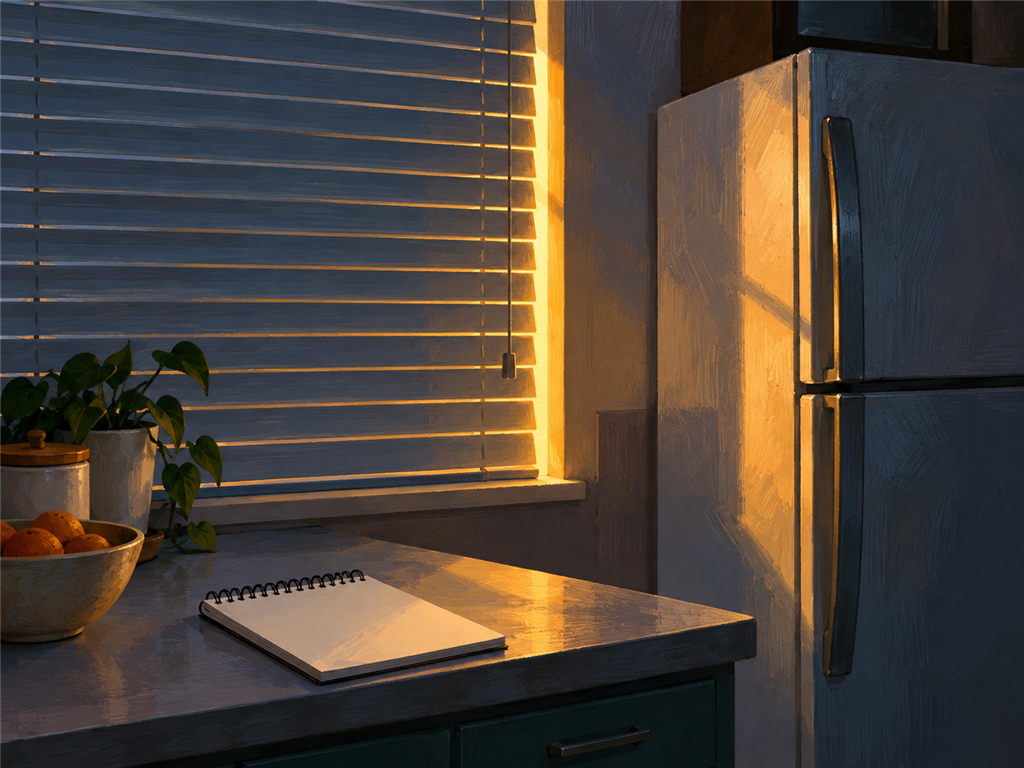 Illustration of closed blinds beside a refrigerator after Valley sun, not a photo of a listed shop