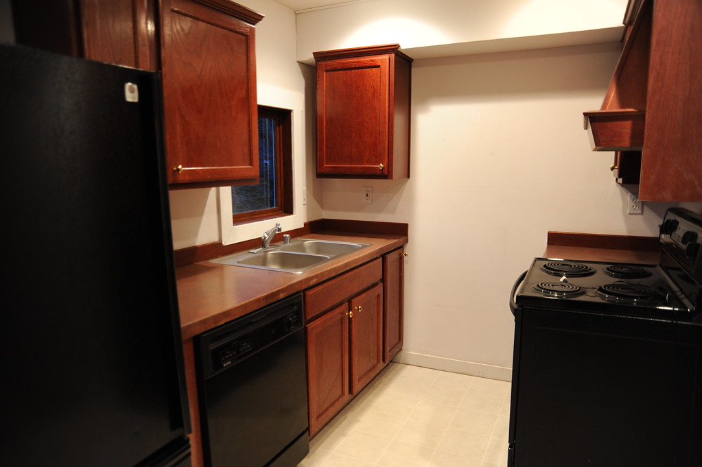 Stock photo of Kitchen in dark woods, and black fridge and electric stove, and black dishwasher, 3 floor, rental apartment, Greenlake / Phinney Ridge, Seattle, Washington, USA for Canoga Park, not a photo of a listed shop